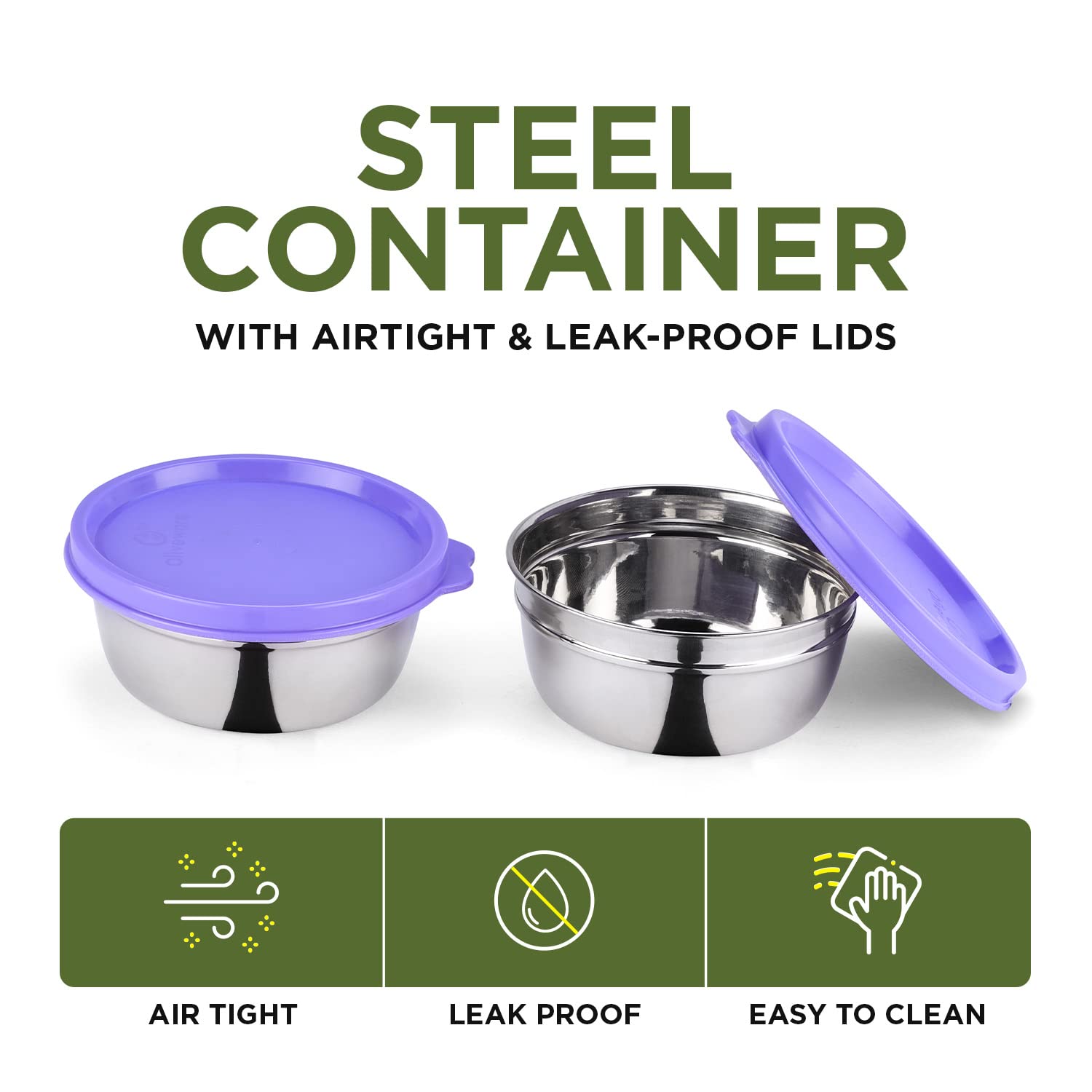 oliveware Elegant Storage Containers, 100% Leak Proof & Spill Proof, 2 Stainless Steel Containers with BPA free Airtight Lid (250 ml Each) - Voilet