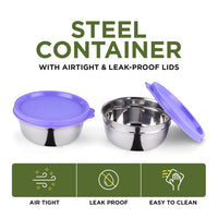 oliveware Elegant Storage Containers, 100% Leak Proof & Spill Proof, 2 Stainless Steel Containers with BPA free Airtight Lid (250 ml Each) - Voilet