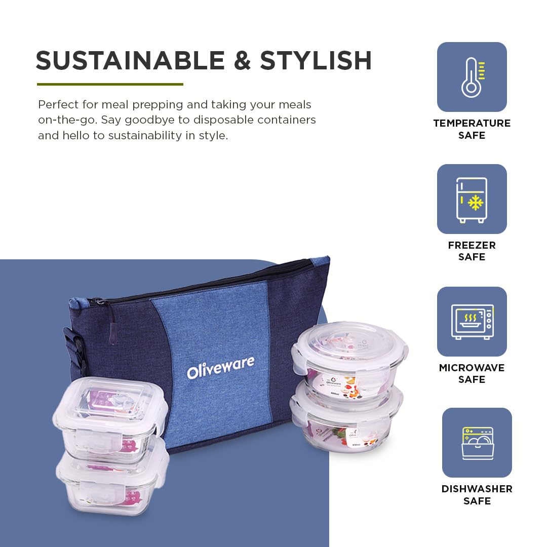 SOPL-OLIVEWARE Olive Glass Lunch Box, Insulated Fabric Bag, Leak Proof & Microwave Safe, Borosilicate Glass, Set of 4 (2 * 320ml & 2 * 400ml) - Blue