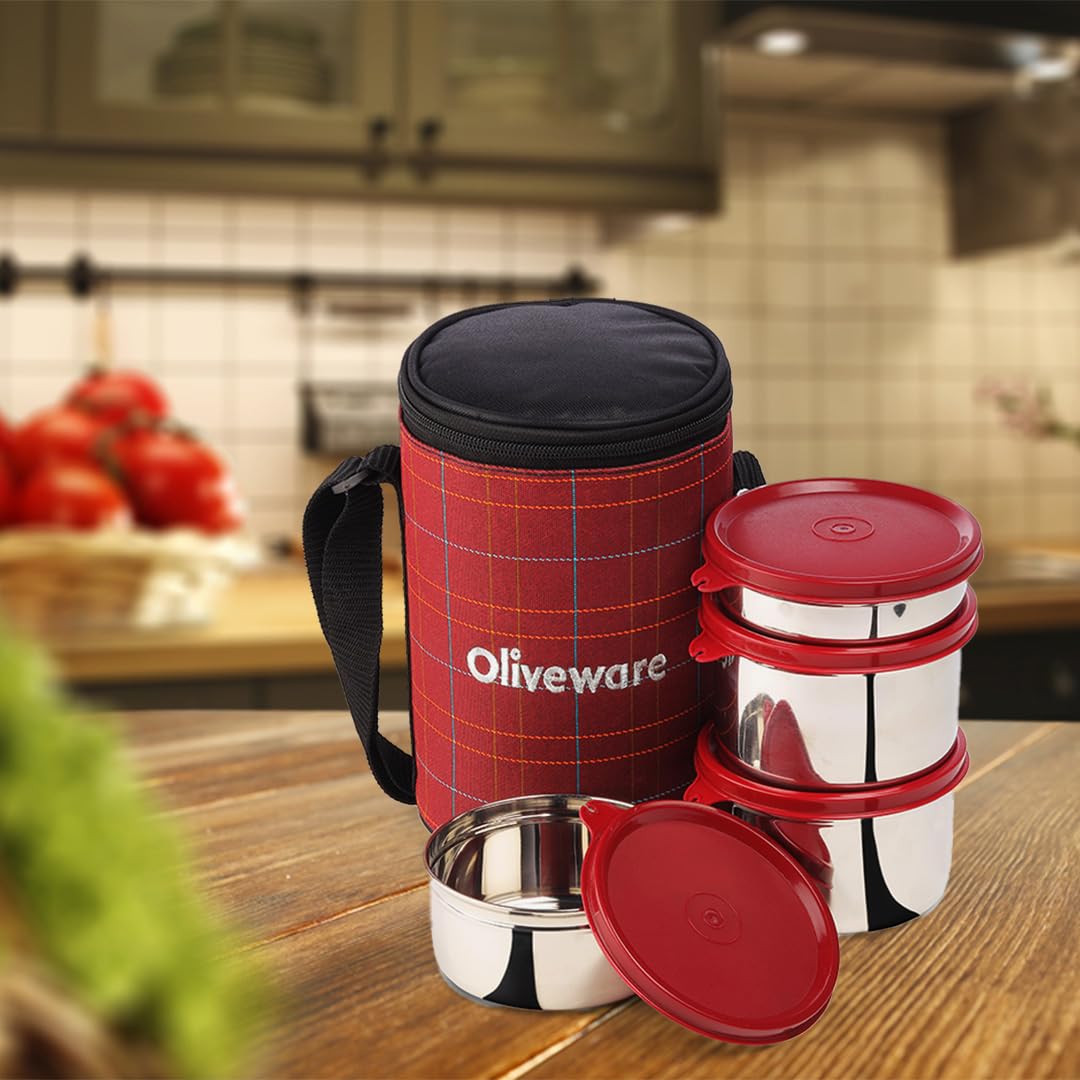 SOPL-OLIVEWARE Mega Lunch Box, 100% Leak Proof, 4 Stainless Steel Containers with BPA Free Airtight Lids (300ml, 450ml, 2x600ml), Fabric Bag - Red