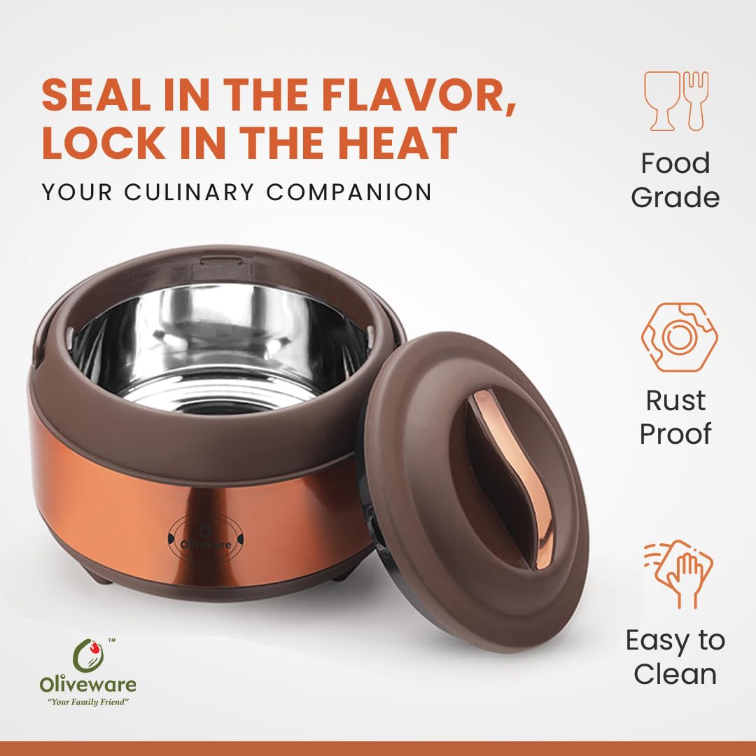 SOPL- Oliveware (logo) with Device Glory Puff Insulated Casserole | Stainless Steel | Sturdy Base | Keeps Chapati, Food, Curry | Easy to Carry Handle (Brown, 2500 ml)