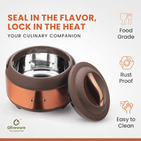 Oliveware Glory Puff Insulated Casseroles, Stainless Steel, Sturdy Base, Keeps Chapati, Food Curry, Easy to Carry, Set of 2-2500ml (Copper)
