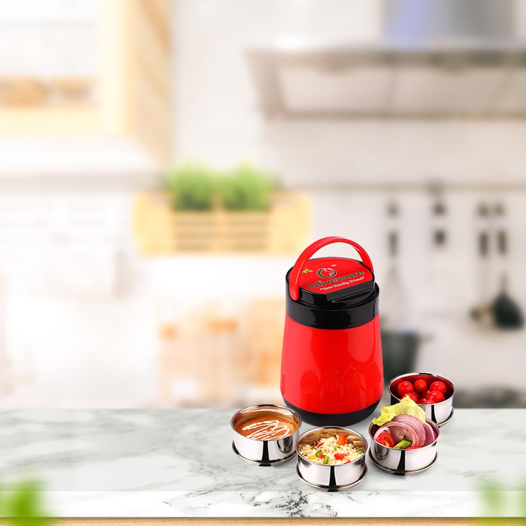 oliveware Jumbo Lunch Box, 4 Stainless Steel Containers with 350ml, Insulated Body, Leak Proof, Full Meal & Easy to Carry - Red