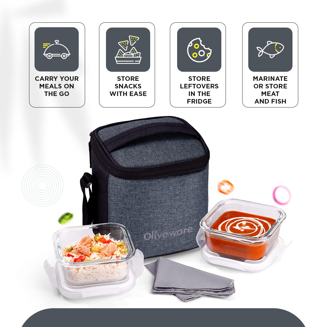 Oliveware Vegas Glassware Lunchbox for Office | Borosilicate Glass | Microwave, Dishwasher & Freezer Safe | Set of 2 Leak Proof & Air Tight Containers | 320ml each