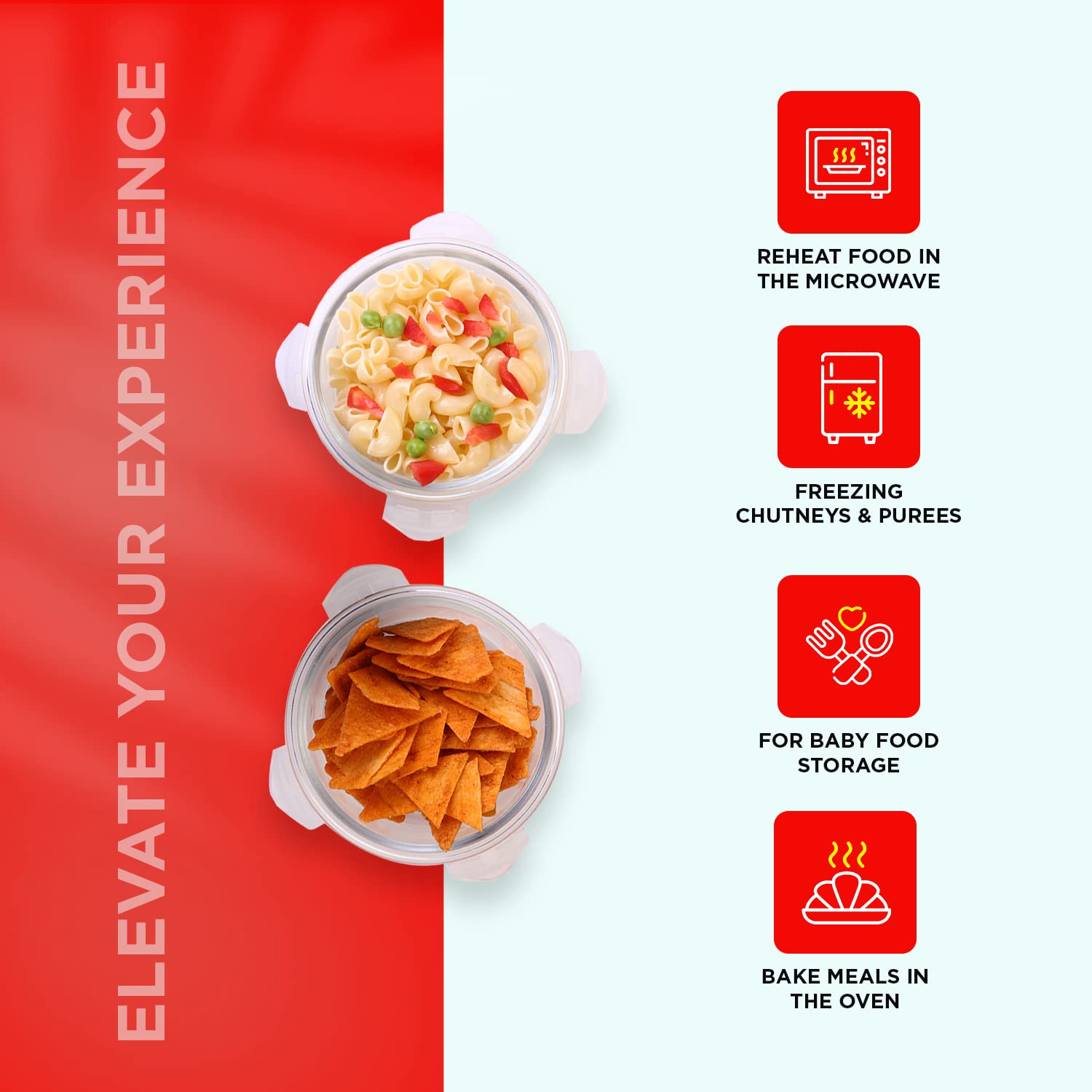 SOPL-OLIVEWARE Bold Glassware Lunchbox, Borosilicate Glass Containers, Microwave Safe & Leak Proof, Set of 2 with BPA Free Lid (400ml) Each - Red