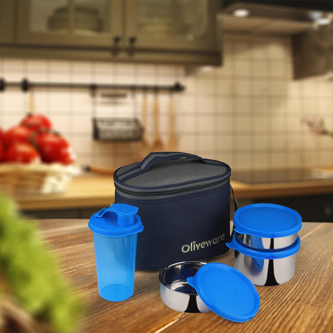 oliveware Mayo Lunch Box, 3 Stainless Steel Containers with Plastic Sipper (300ml, 300ml, 580ml & 450ml), Leak Proof, Insulated Fabric Bag - Blue