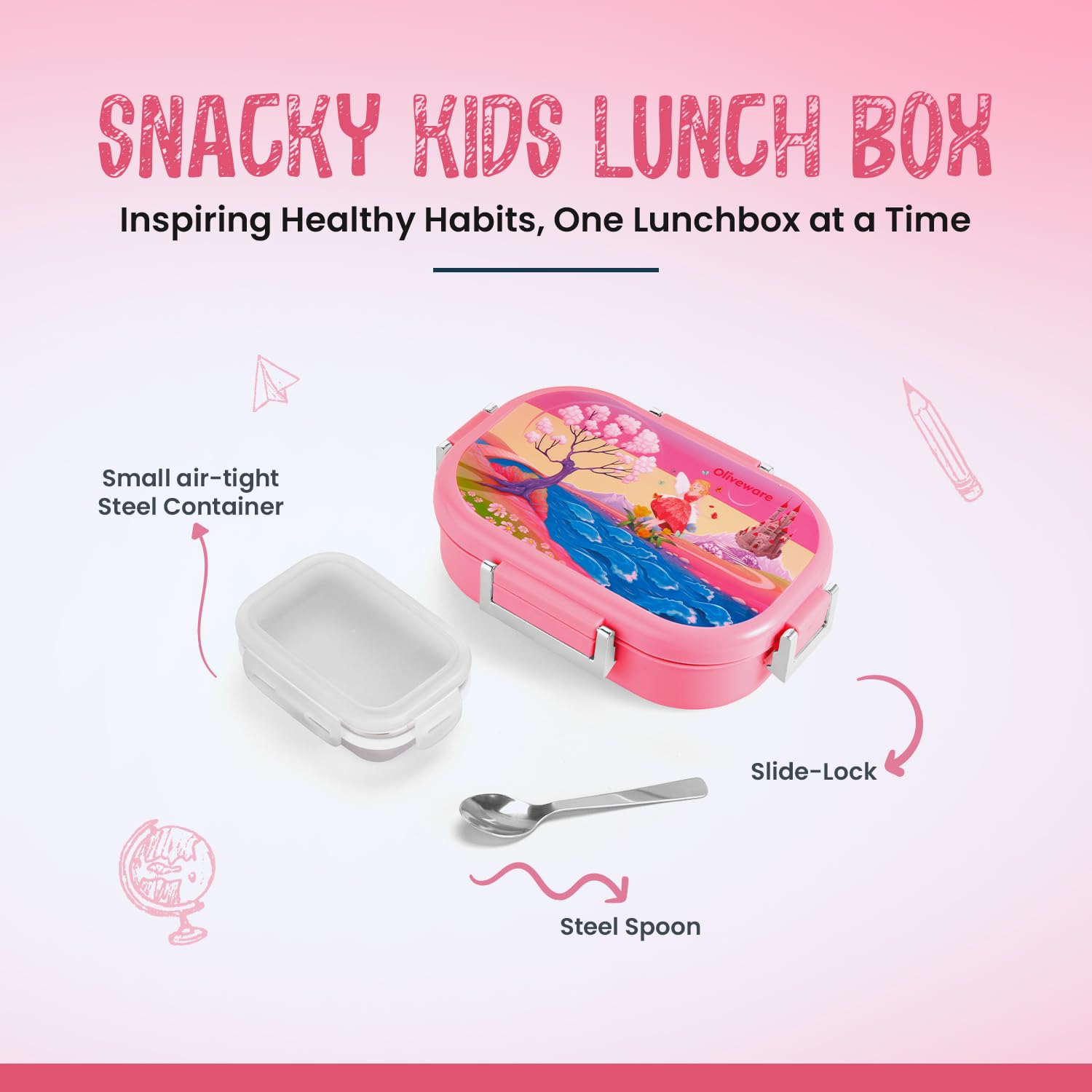 Oliveware Snacky Kids Lunch Box, Stainless Steel in 700ml Include Sabzi Container(180ml) & Steel Spoon, Food Grade BPA Free, Leak Proof & Colourful Designs (Pink)