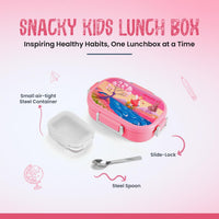 Oliveware Snacky Kids Lunch Box, Stainless Steel in 700ml Include Sabzi Container(180ml) & Steel Spoon, Food Grade BPA Free, Leak Proof & Colourful Designs (Pink)