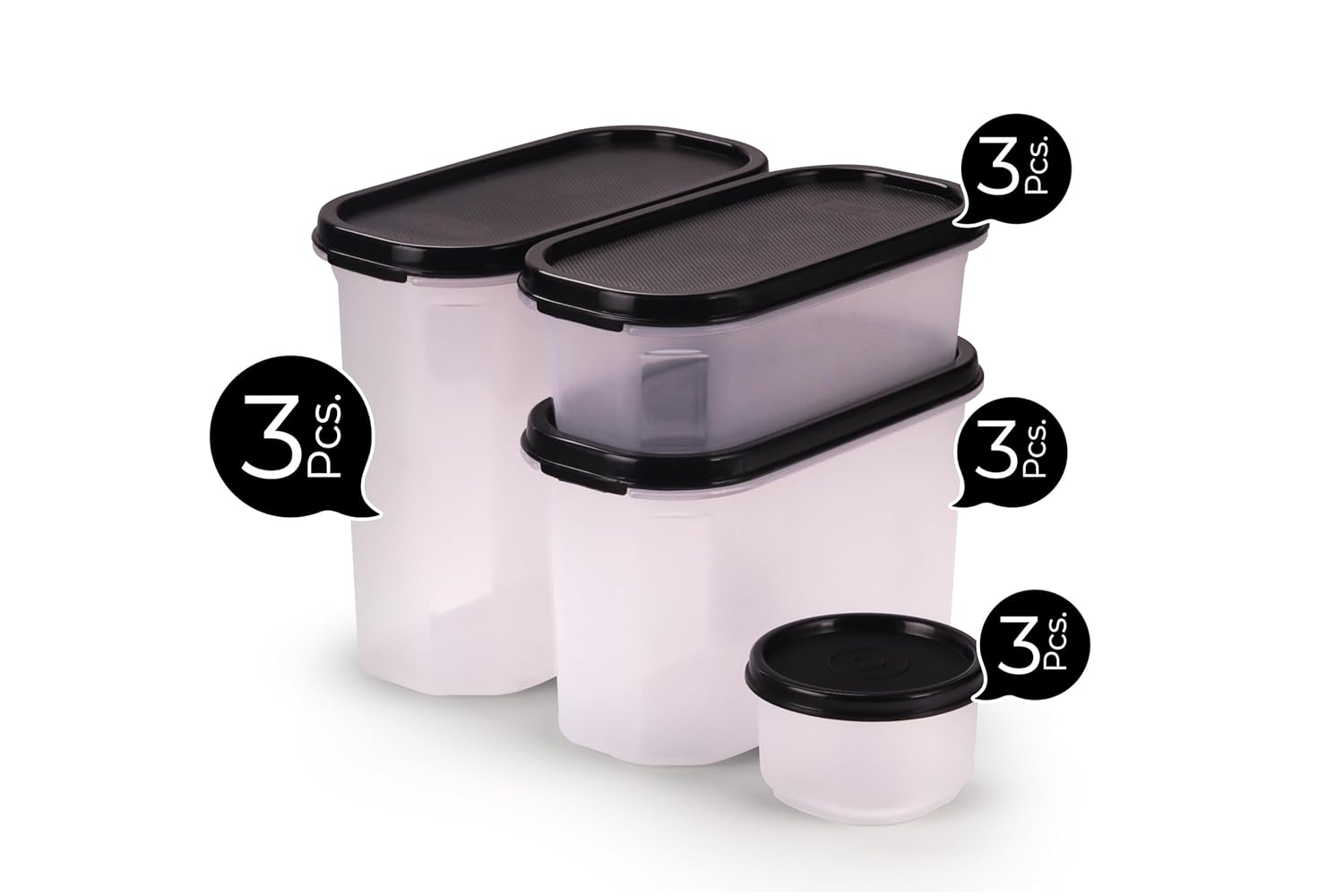 SOPL-OLIVEWARE Modular Storage Containers with Airtight Lid, BPA Free, For Pulses, Rice, Dal & Atta, Set of 12 (3x1800ml, 3x1200ml, 3x600ml & 3x180ml) - Black, Plastic