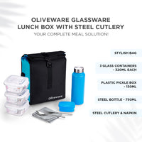SOPL-OLIVEWARE Crystal Lunch Box with Steel Cutlery, BPA Free Lids, 3 Microwave Safe Glass Containers(3 * 320Ml Each), Plastic Pickle Box (130ml), Steel Water Bottle(750ml)