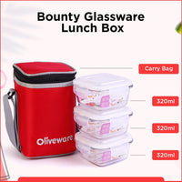 SOPL-OLIVEWARE Bounty Borosilicate Glassware Lunchbox, Microwave & Freezer Safe, Set of 3 containers with BPA Free Airtight Lids (320ml) Each - Red