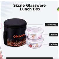 SOPL-OLIVEWARE Sizzle Glassware Round Lunchbox, Borosilicate Glass Containers, Microwave Safe & Leak Proof, 2 Containers with BPA Free Lids (400ml) Each - (Fire, Black_Orange)