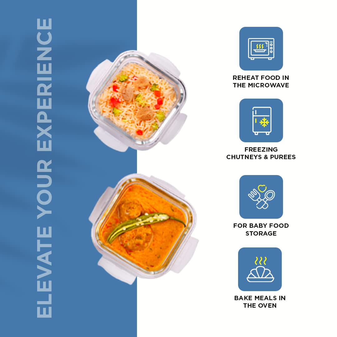 SOPL-OLIVEWARE Exotica Glass Lunch Box, Microwave Safe, Borosilicate Glass Containers with Cutlery + Napkin, Full Meal & Easy to Carry, Set of 2 (320ml)- Blue