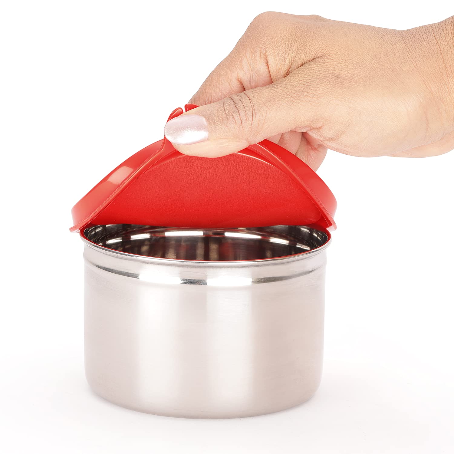 oliveware Magic Storage Containers, 100% Leak Proof and Spill Proof, 2 Stainless Steel Containers with BPA Free Airtight Lid (600ml Each) - Red