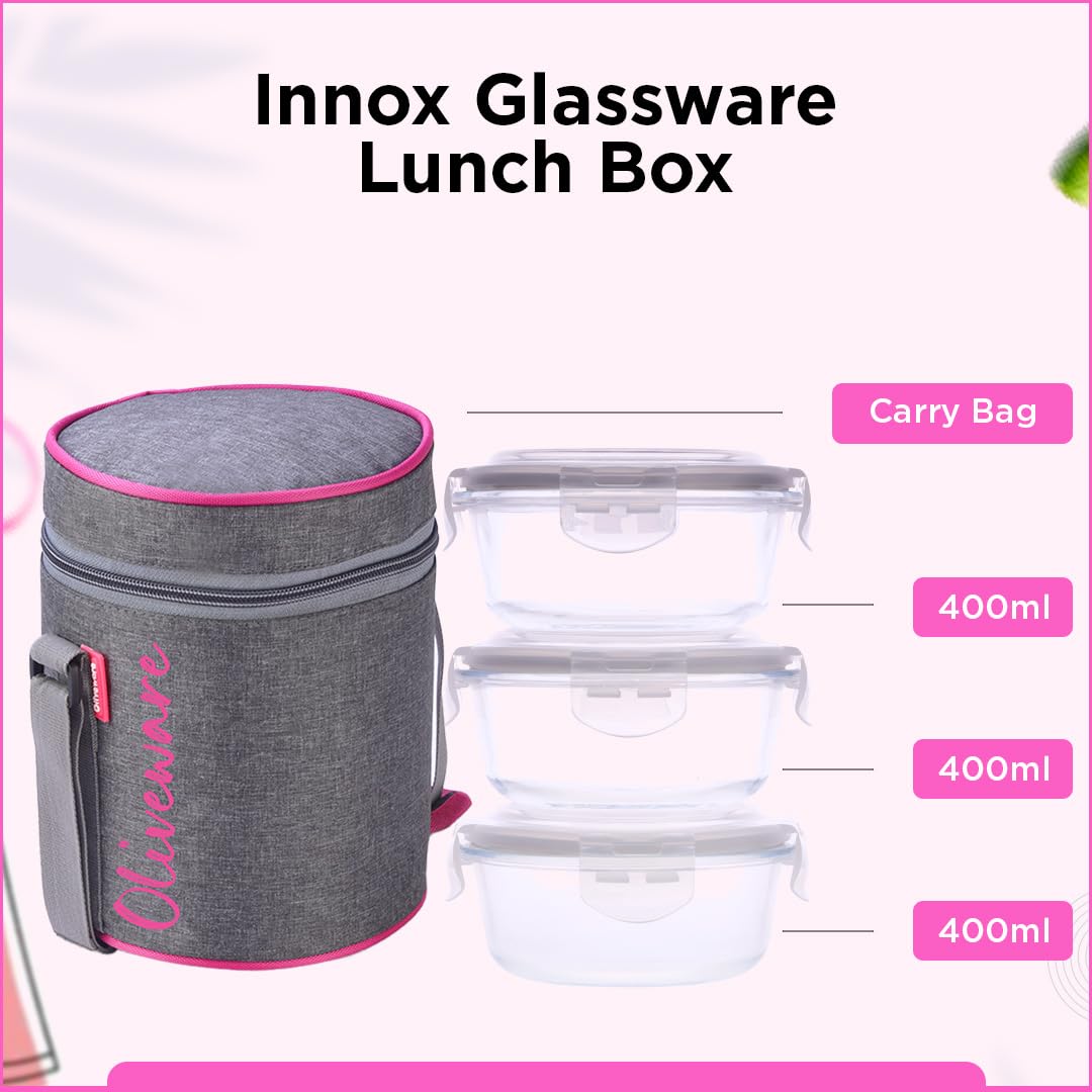 SOPL-OLIVEWARE Innox Glassware Lunchbox, Borosilicate Glass Containers, Microwave Safe & Leak Proof, 3 Containers with BPA Free Airtight Lids (400ml) Each - Pink