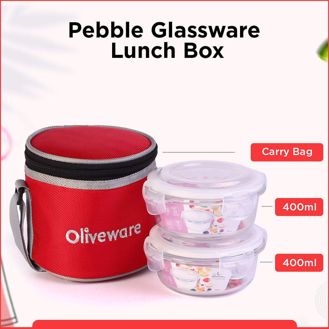 SOPL-OLIVEWARE Bold Glassware Lunchbox, Borosilicate Glass Containers, Microwave Safe & Leak Proof, Set of 2 with BPA Free Lid (400ml) Each - Red