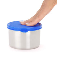 oliveware Magic Storage Containers, 100% Leak Proof and Spill Proof, 2 Stainless Steel Containers with BPA Free Airtight Lid (600ml Each) - Blue