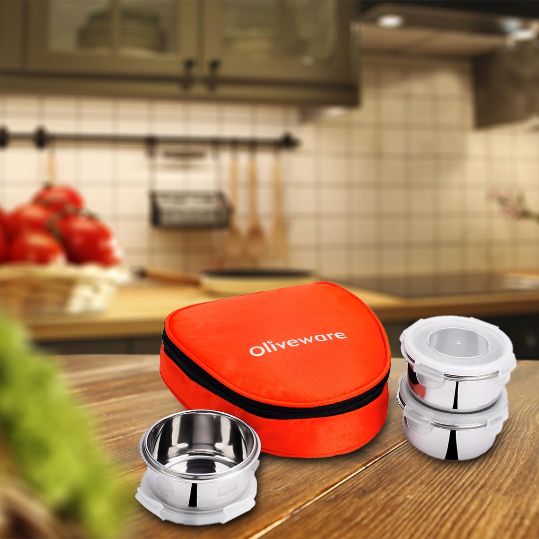 oliveware Freshy Lunch Box, Leak Proof, 3 Stainless Steel Containers with BPA Free Lid (300ml) Each, Fabric Bag - Blue