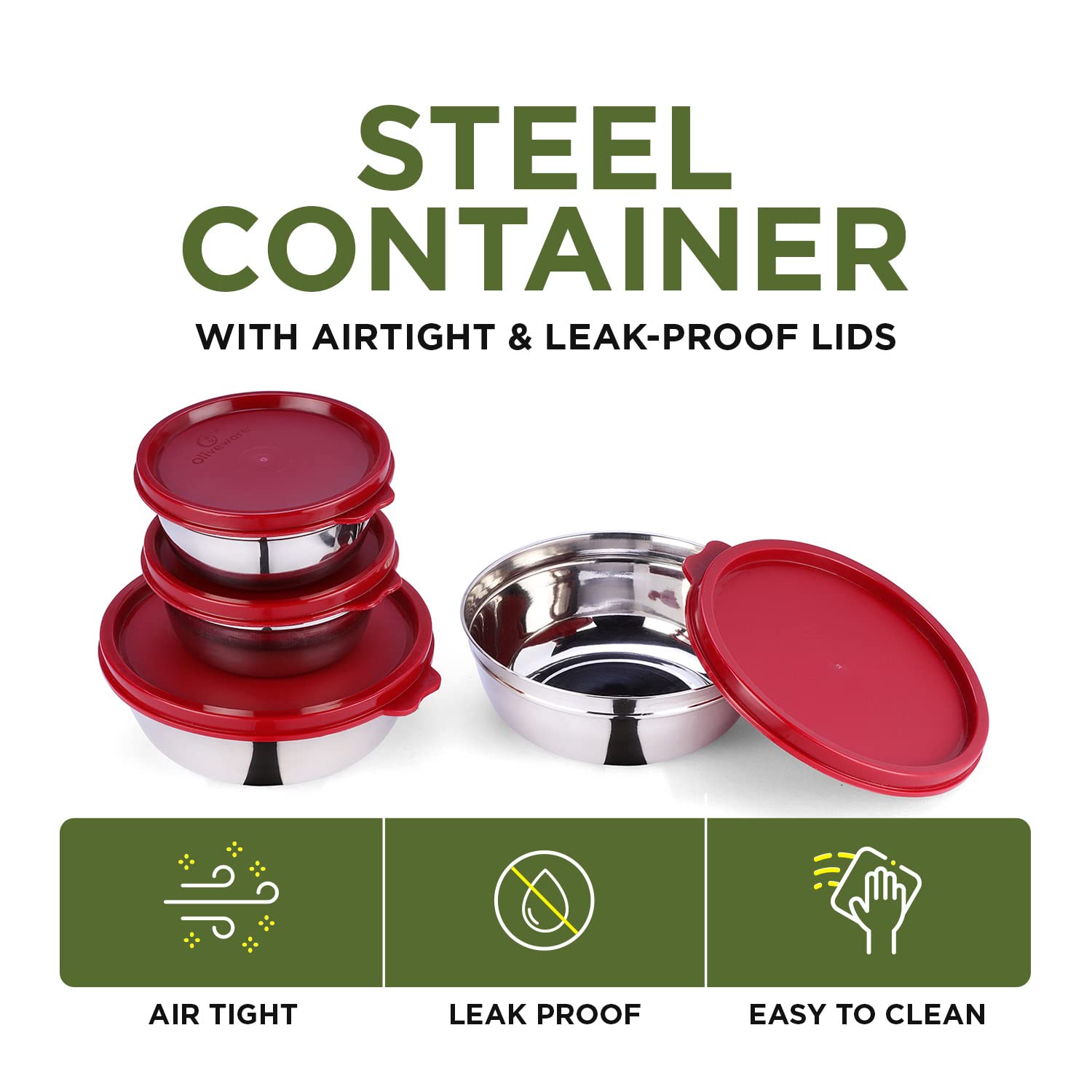 oliveware Elegant Combo Storage Containers, 100% Leak Proof and Dishwasher Safe, 4 Stainless Steel Containers with BPA Free Lid (2x450ml & 2x250ml) - Red