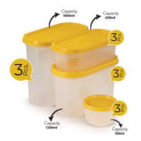 SOPL-OLIVEWARE Modular Storage Containers with Airtight Lid, BPA Free, For Pulses, Rice, Dal & Atta, Set of 12 (3x1800ml, 3x1200ml, 3x600ml & 3x180ml) - Yellow, Plastic
