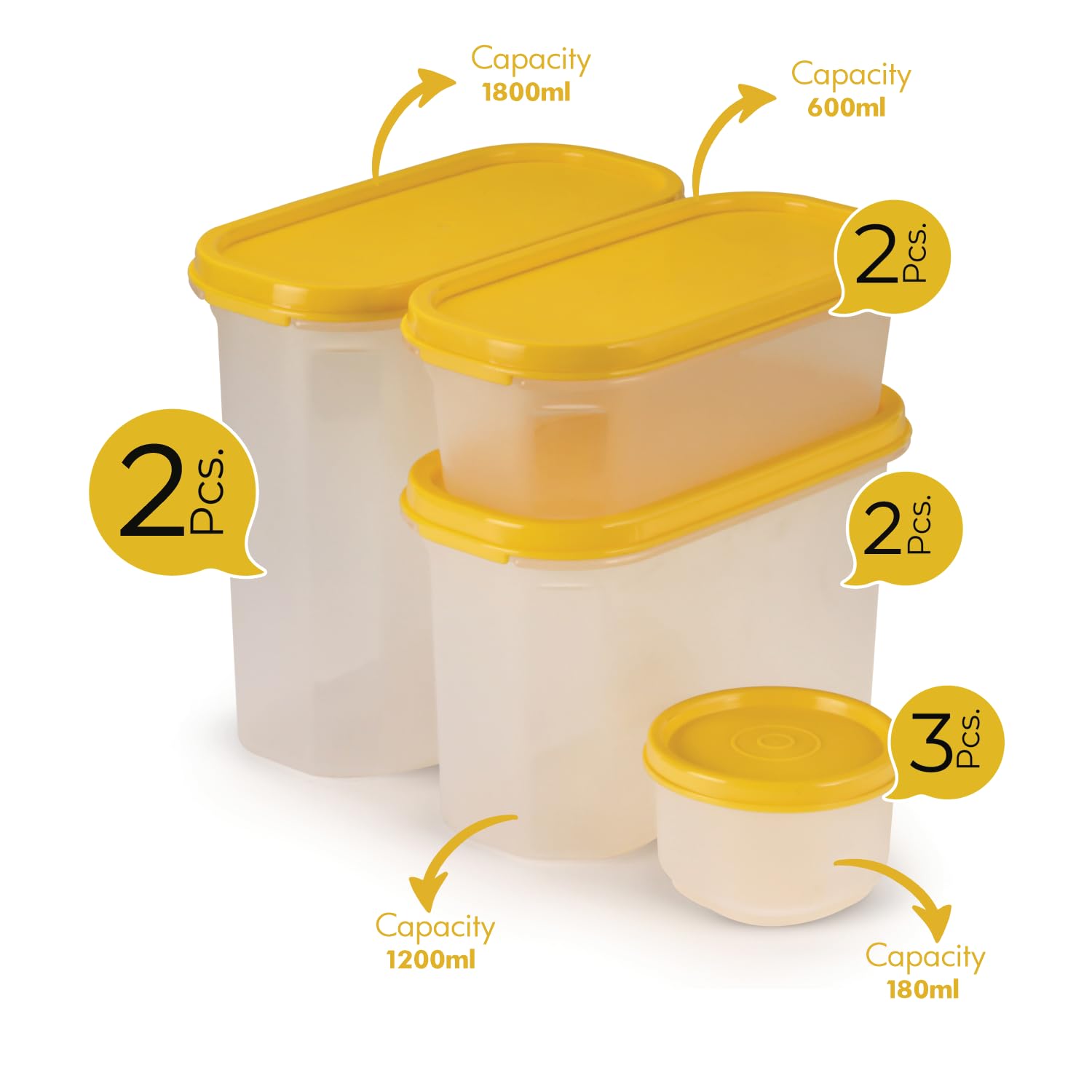 SOPL-OLIVEWARE Modular Storage Containers, BPA Free, For Pulses, Dal, Atta & Flour, Set of 9 (2x1800ml, 2x1200ml, 2x600ml, 3x180ml) - Yellow