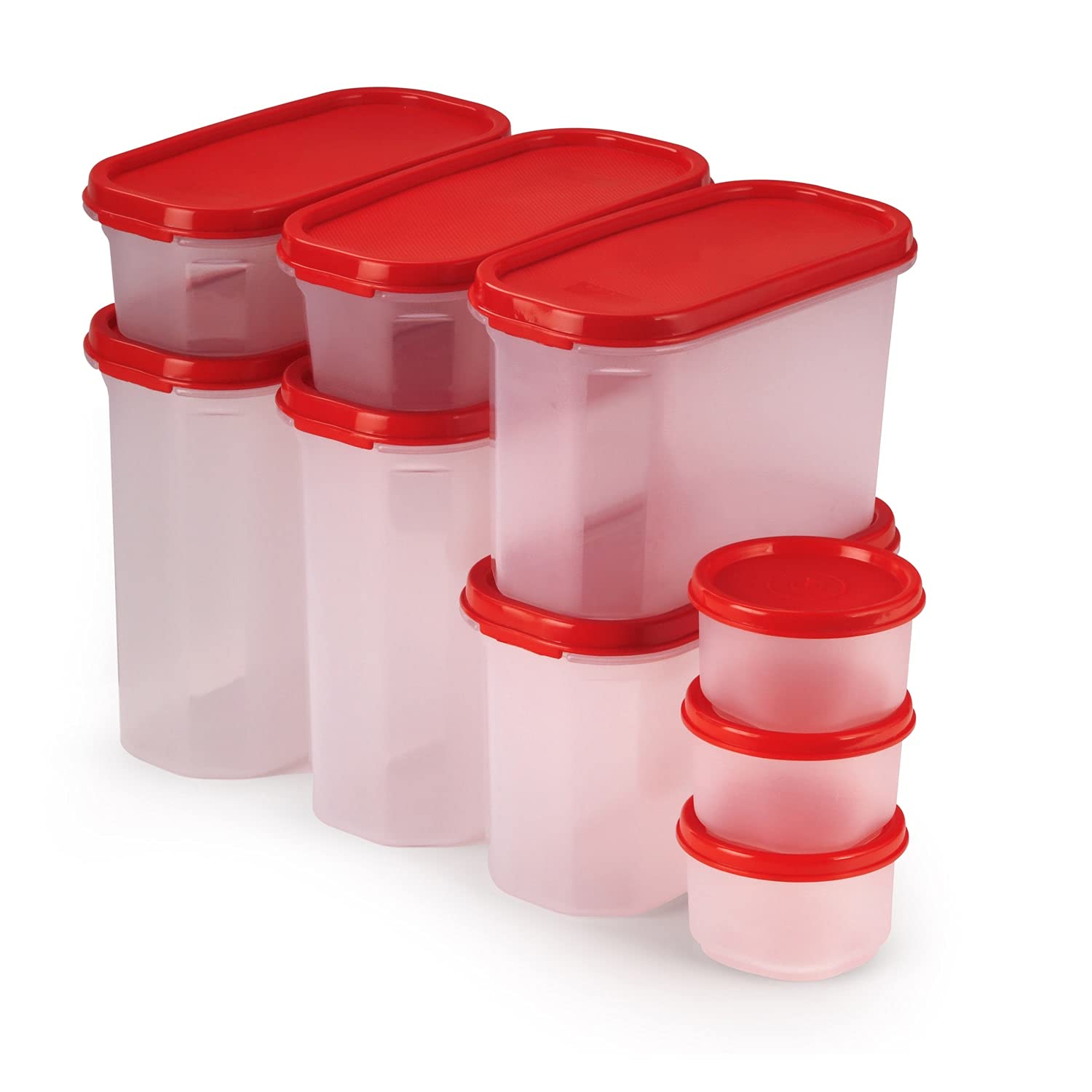 SOPL-OLIVEWARE Modular Storage Containers, BPA Free, For Pulses, Dal, Atta & Flour, Set of 9 (2x1800ml, 2x1200ml, 2x600ml, 3x180ml) - Red, Plastic