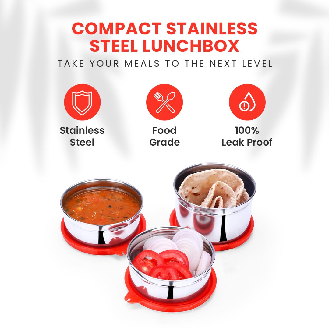 oliveware Lovely Stylo Lunch Box, Leak Proof & BPA Free Lid, 3 Stainless Steel Containers (250ml, 250ml & 500ml), Fabric Jacket - Red