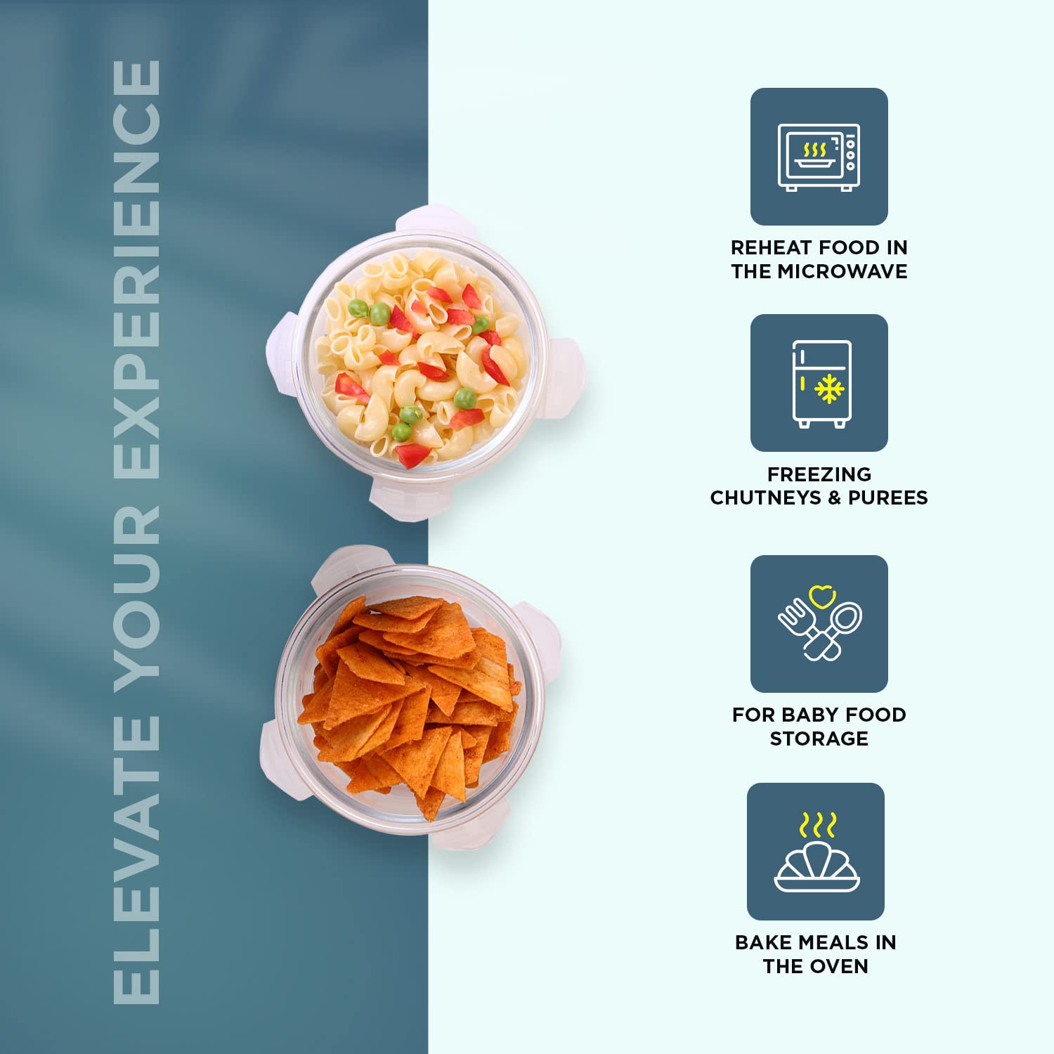 SOPL-OLIVEWARE Rocky Glassware Round Lunchbox, Borosilicate Glass Containers, Microwave Safe & Leak Proof, 2 Containers with BPA Free Lids (400ml) Each - Pink