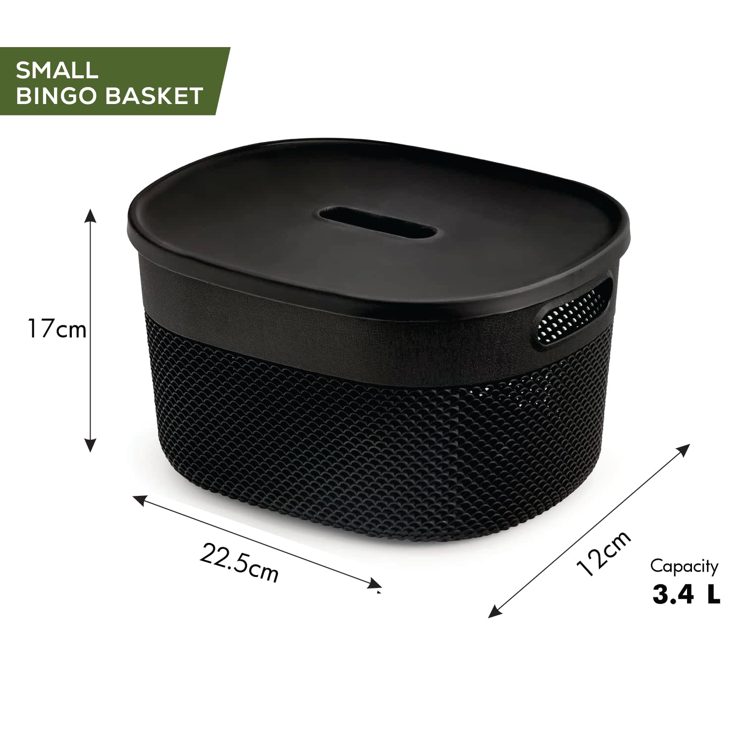 oliveware Bingo Basket Stackable Storage Organiser with Lids for Clothes & Toys, BPA Free Plastic, Set of 2 Small - 3.4L Each (Black)