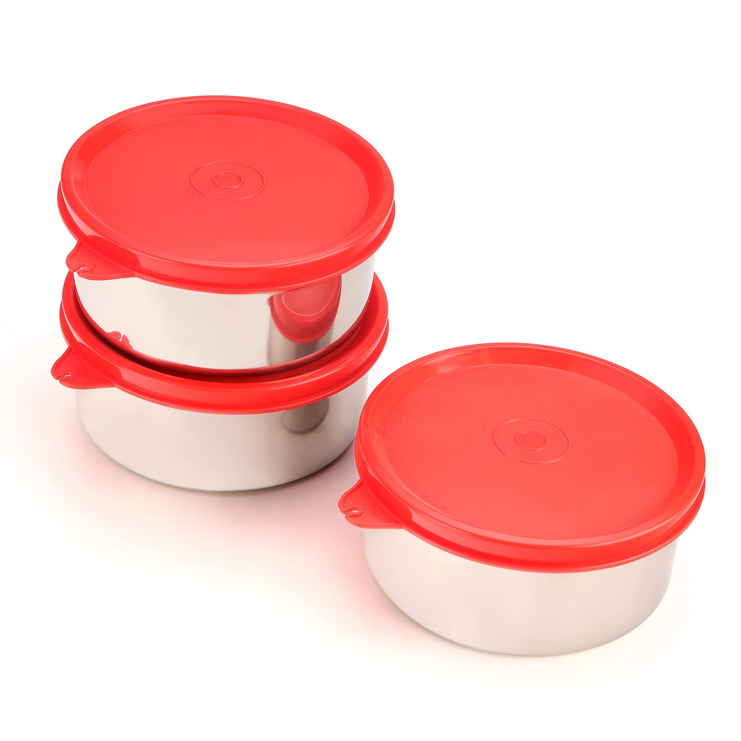 oliveware Magic Storage Containers, 100% Leak Proof and Spill Proof, 2 Stainless Steel Containers with BPA Free Airtight Lid (450ml Each) - Red