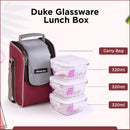 SOPL-OLIVEWARE Duke Glassware Lunchbox, Borosilicate Glass & Microwave Proof, Safety Lock Airtight Lid, 3 Container with 320ml Each - Red