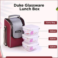 SOPL-OLIVEWARE Duke Glassware Lunchbox, Borosilicate Glass & Microwave Proof, Safety Lock Airtight Lid, 3 Container with 320ml Each - Red