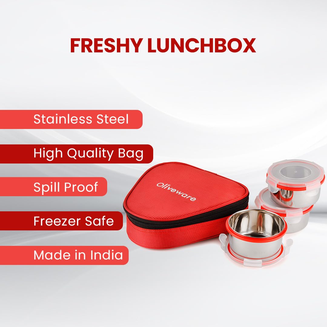 oliveware Freshy Lunch Box, Leak Proof, 3 Stainless Steel Containers with BPA Free Lid (300ml) Each, Fabric Bag - Red