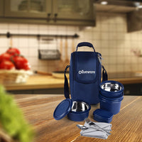 SOPL-OLIVEWARE Executive Lunch Box Series, Microwave Safe & Leak Proof, 3 Inside Steel Container with BPA Free Airtight Lid (290ml, 450ml & 600ml), Plastic Pickle Box (130ml), Steel Cutlery - Blue