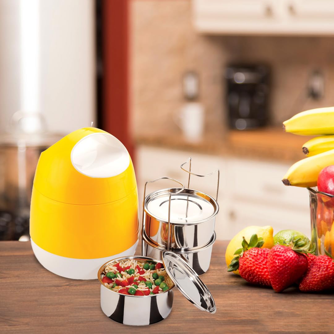 oliveware SOPL (Logo) with Device Marvel Lunch Box with Insulated Box, 3 Stainless Steel Containers 300ml Each, Leak Proof & Sturdy - Yellow