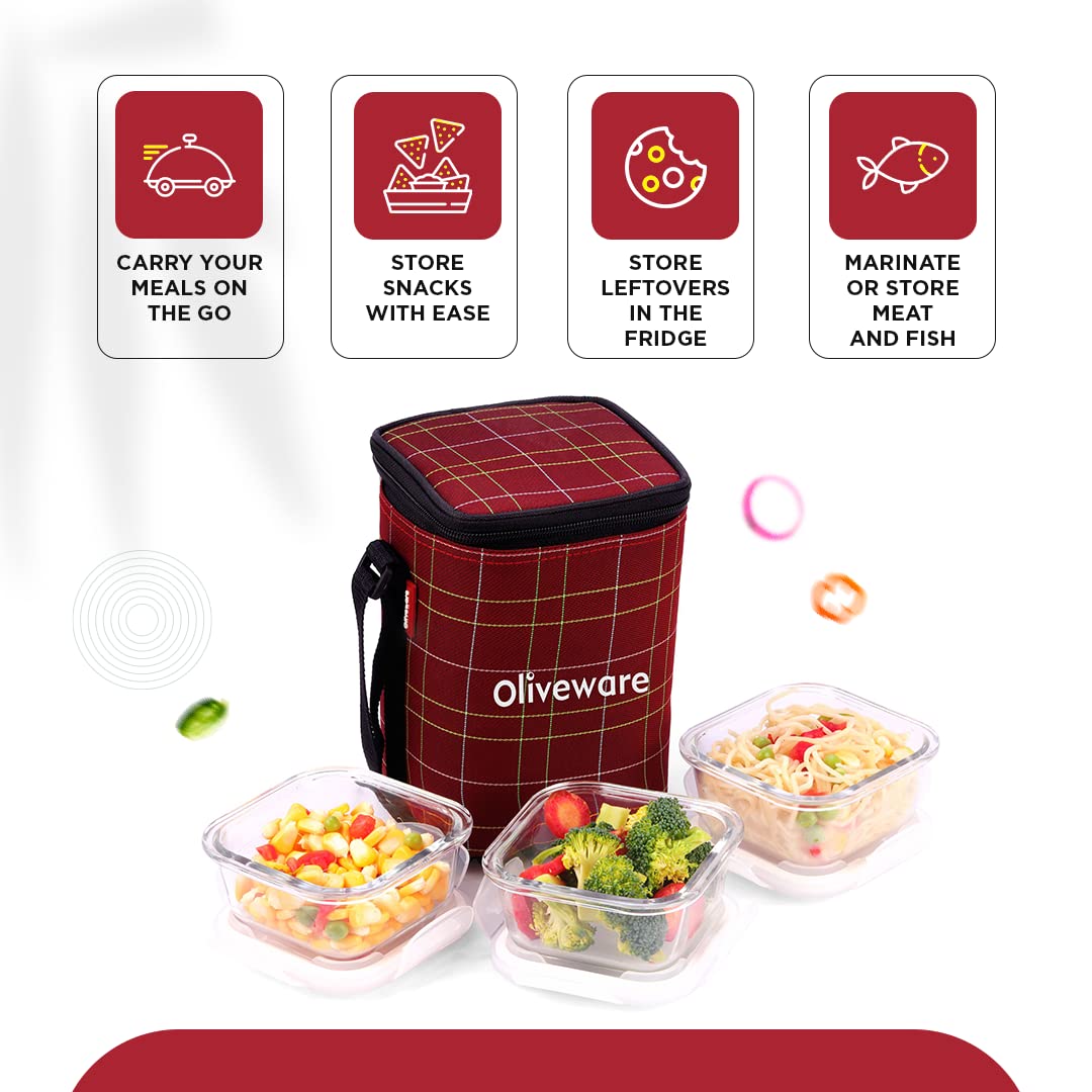 SOPL-OLIVEWARE Spyker Glassware Square Lunchbox, Borosilicate Glass Containers, Microwave Safe & Leak Proof, 3 Containers with BPA Free Lids (320ml) Each - Red