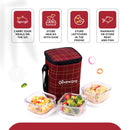 SOPL-OLIVEWARE Spyker Glassware Square Lunchbox, Borosilicate Glass Containers, Microwave Safe & Leak Proof, 3 Containers with BPA Free Lids (320ml) Each - Red