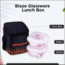 SOPL-OLIVEWARE Blaze Glassware Lunchbox with Napkin, Borosilicate Glass & Microwave Proof, Safety Lock Airtight Square Tiffin Storage, 2 Container in 320 ml Each - Black_Orange