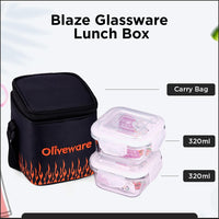SOPL-OLIVEWARE Blaze Glassware Lunchbox with Napkin, Borosilicate Glass & Microwave Proof, Safety Lock Airtight Square Tiffin Storage, 2 Container in 320 ml Each - Black_Orange