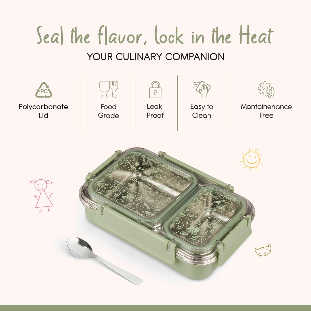 Oliveware Bento Master 2 Lunch Box | with 2 dividers | Steel Spoon | Stainless Steel | Dishwasher & Freezer Safe (Bento 2, Green)