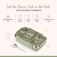 Oliveware Bento Master 2 Lunch Box | with 2 dividers | Steel Spoon | Stainless Steel | Dishwasher & Freezer Safe (Bento 2, Green)