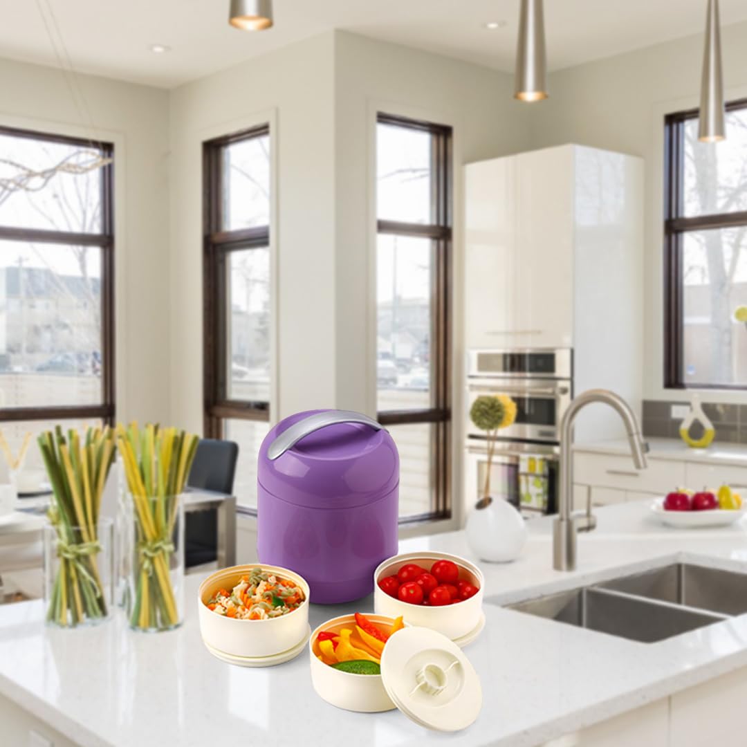 oliveware Bella Lunch Box - 3 Containers | Insulated Container | Carry Handle | Leak Proof | Complete Meal Hot Case - Violet, Plastic, 300 milliliter
