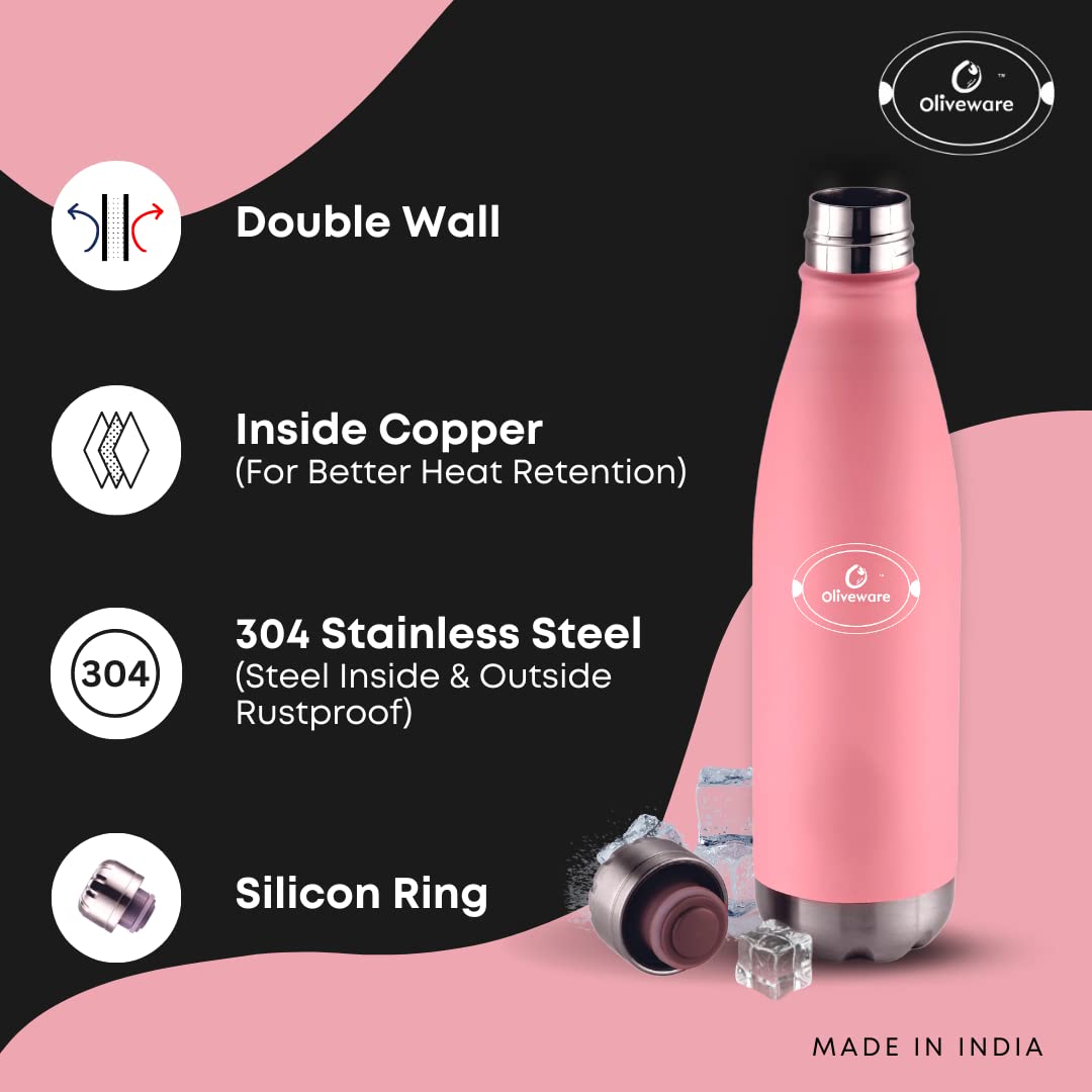 SOPL-OLIVEWARE Sigma Vacuum Double Wall Bottle, Stainless Steel, Hot & Cold, Insulated Bottle, Fit for Indoor & Outdoors (500 Ml, Pink)