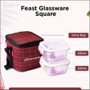 SOPL-OLIVEWARE Feast Glassware Square Lunchbox, Borosilicate Glass Containers, Microwave Safe & Leak Proof, 2 Containers with BPA Free Lids (320ml) Each - Red