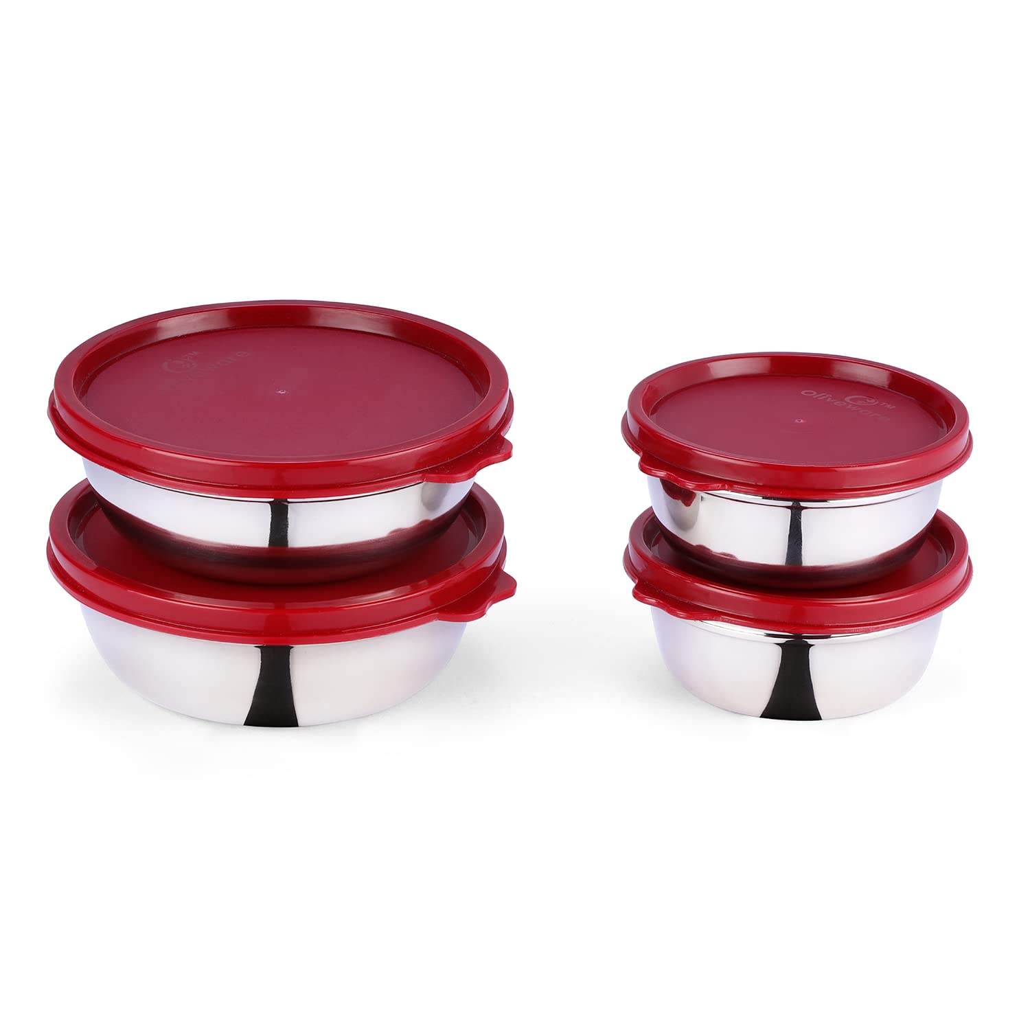oliveware Elegant Combo Storage Containers, 100% Leak Proof and Dishwasher Safe, 4 Stainless Steel Containers with BPA Free Lid (2x450ml & 2x250ml) - Red