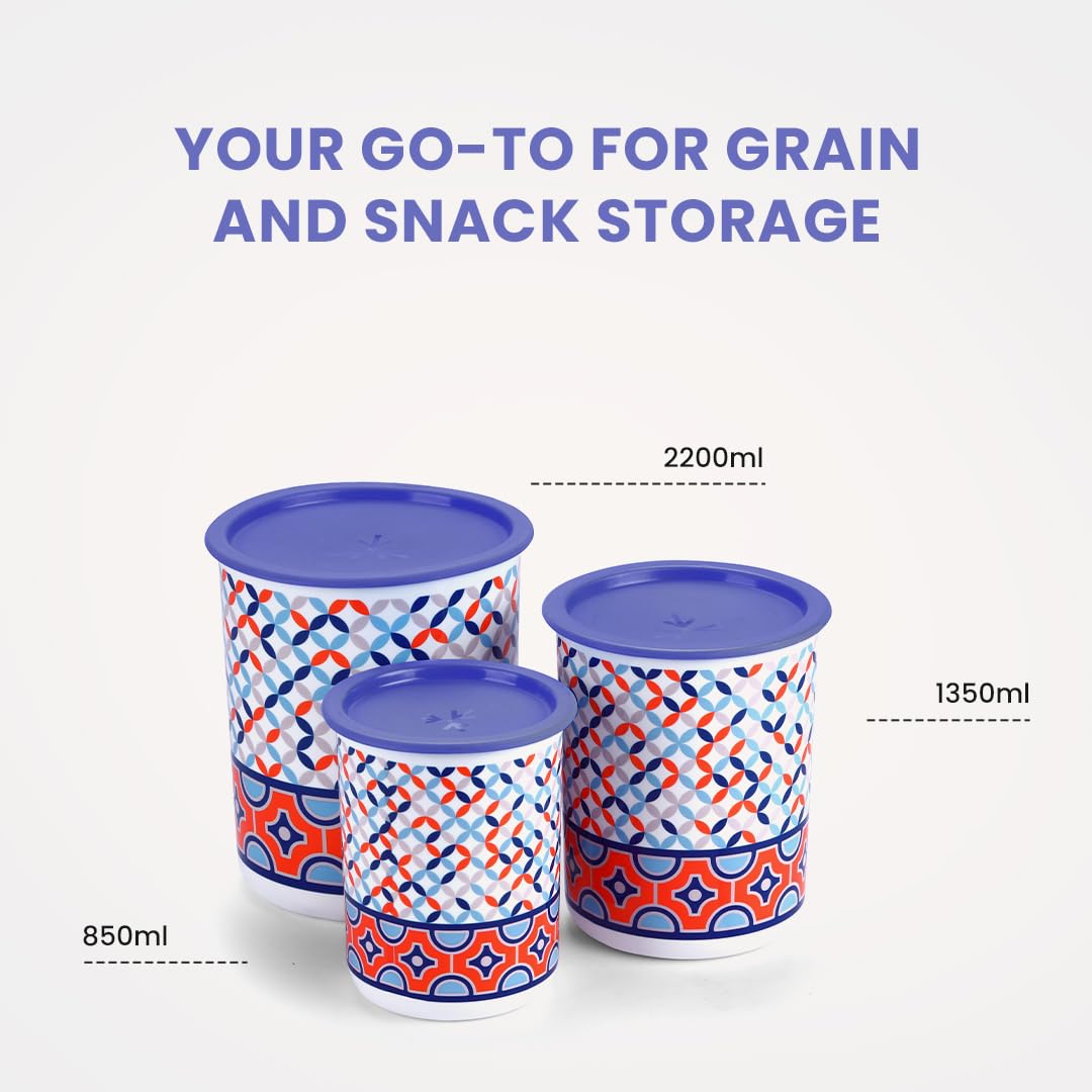 Oliveware Pasha Plastic Containers | BPA Free | For Rice, Dal, Atta & Flour | Set of 3 | Stackable Containers (2200ml, 1350ml & 850ml) (Blue)