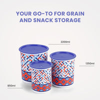 Oliveware Pasha Plastic Containers | BPA Free | For Rice, Dal, Atta & Flour | Set of 3 | Stackable Containers (2200ml, 1350ml & 850ml) (Blue)