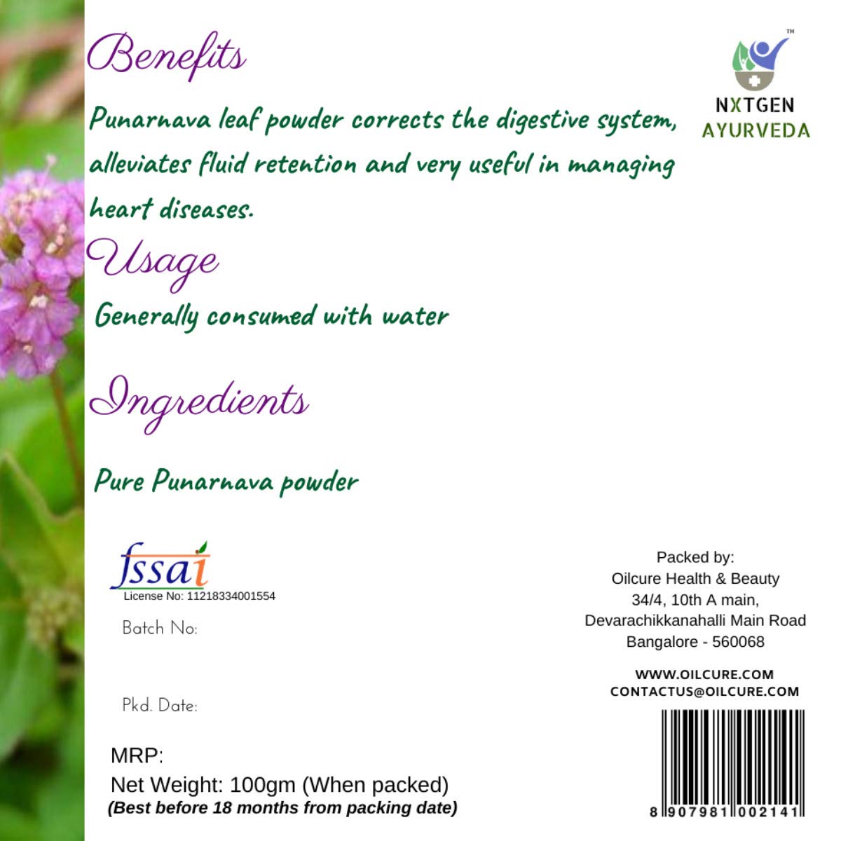 Nxtgen Ayurveda Punarnava Powder | 100g | Boerhavia Diffusa | Pure