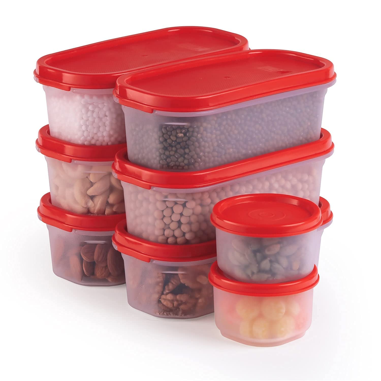 oliveware Modular BPA Free Storage Containers For Pulses, Rice, Dal, Atta, Flour, Set of 8 (6x600ml + 2x180ml) - Black, Plastic