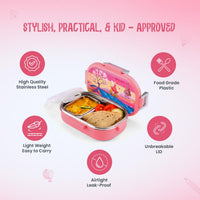 Oliveware Snacky Kids Lunch Box, Stainless Steel in 700ml Include Sabzi Container(180ml) & Steel Spoon, Food Grade BPA Free, Leak Proof & Colourful Designs (Pink)